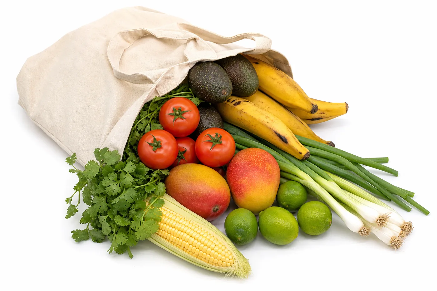 Frutas y verduras de tienda de barrio saliendo de una bolsa de tela
