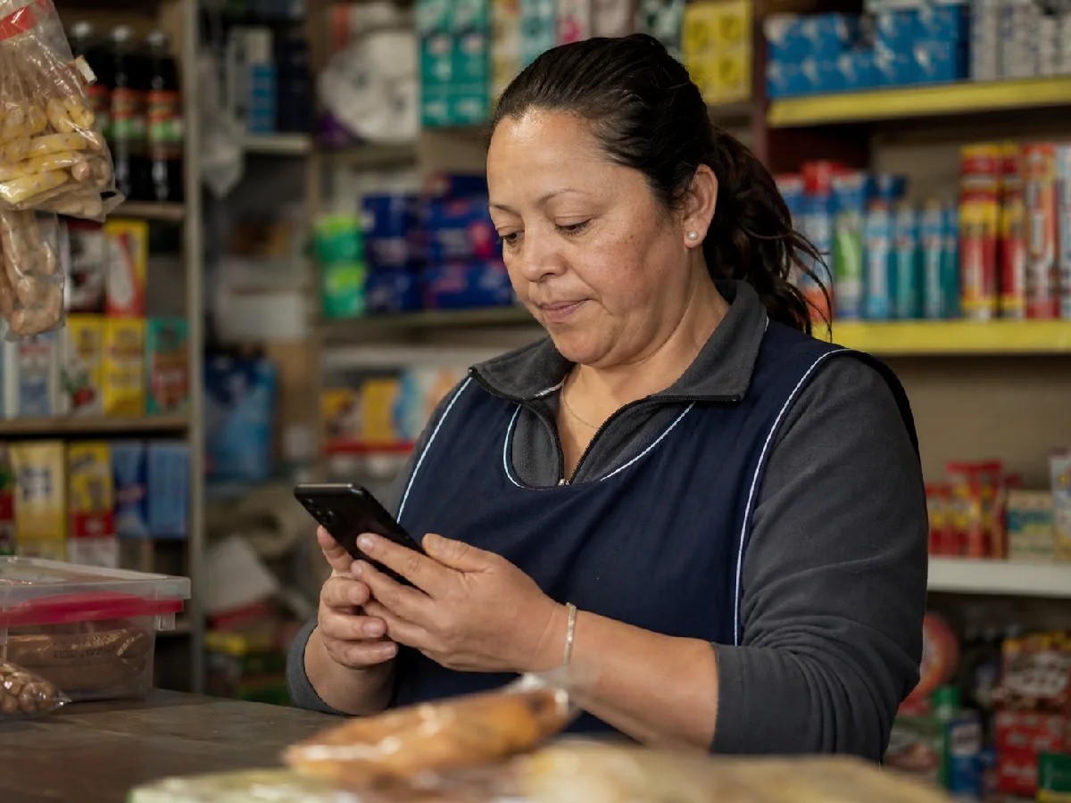 Una tendera atendiendo un pedido desde su teléfono